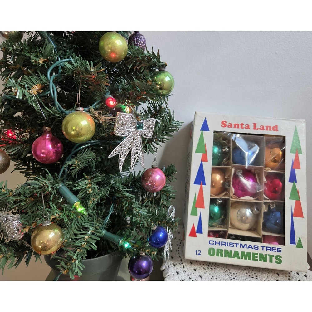 Vintage Santa Land Glass Christmas Ornaments Set of 12 Original Box
